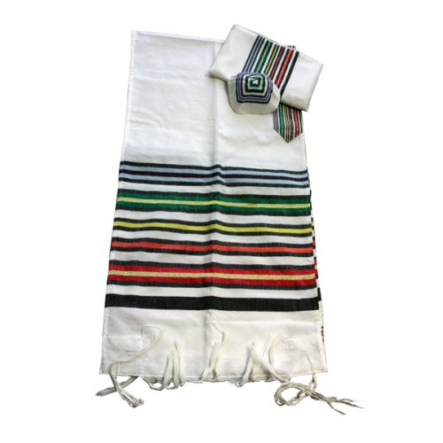 Gabrieli Handwoven White Wool Tallit Set - Josephs Multicolor Coat Design