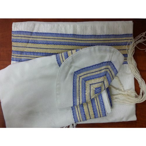 Gabrieli silk Tallit Set with Royal Blue-Gold Stripes
