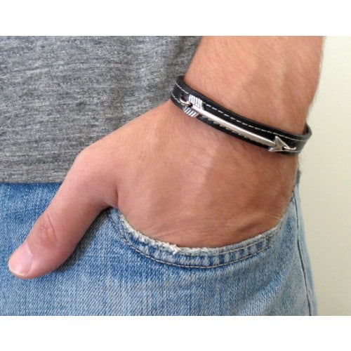 Gal Cohen Leather Mens Bracelet with Silver Plate Arrow