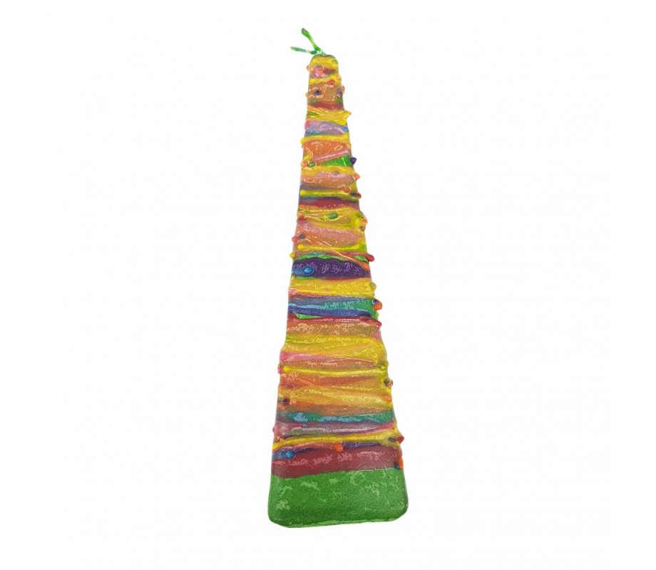 Galilee Style Handmade Pyramid Havdalah Candle - Green with Colorful Wax Threads