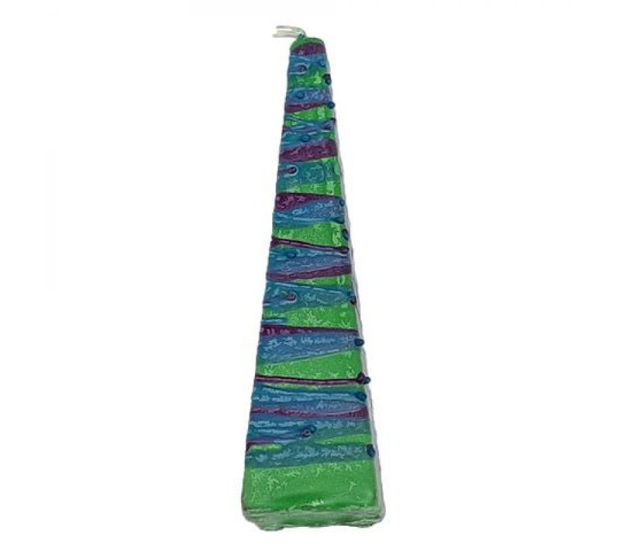 Galilee Style Handmade Pyramid Havdalah Candle – Purple Bands on Green
