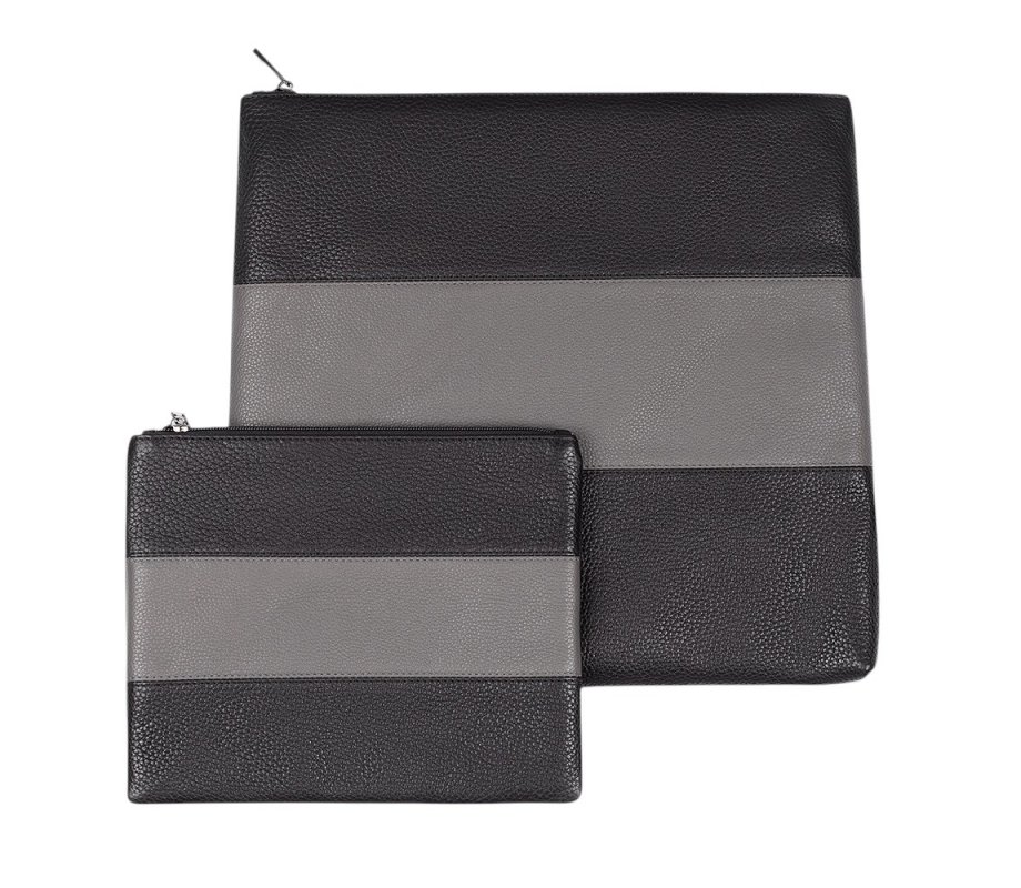 Genuine Leather Tallit and Tefillin Bag Set, Gray Stripes