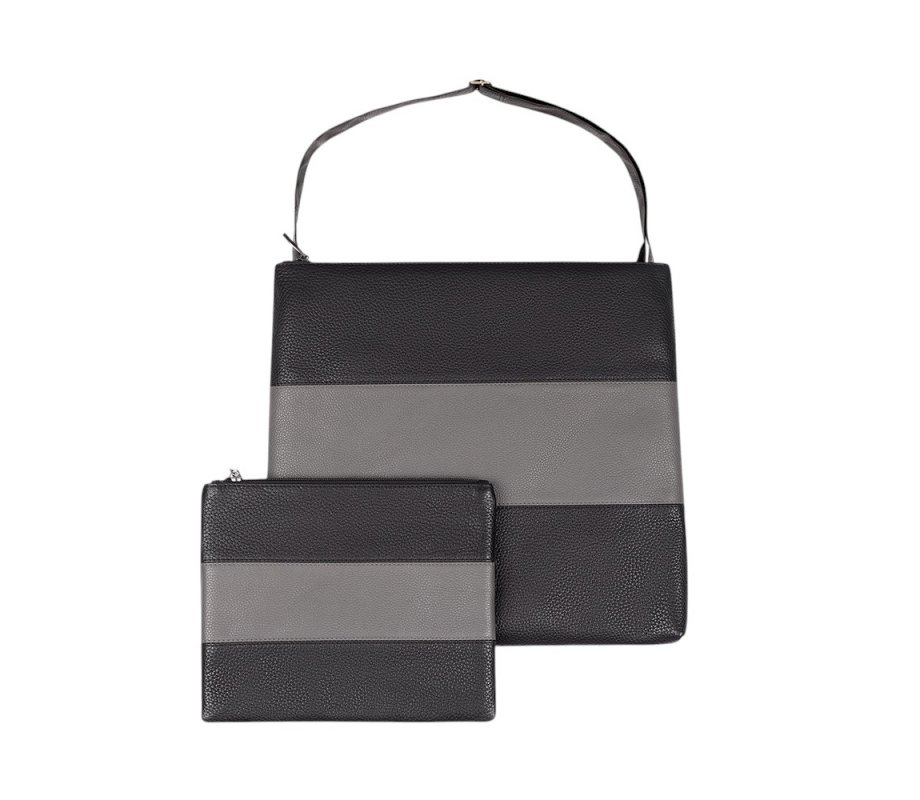 Genuine Leather Tallit and Tefillin Bag Set, Gray Stripes