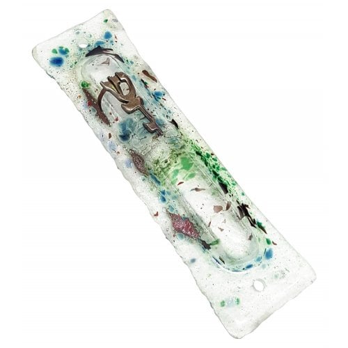 Glass Mezuzah Case with Divine Name in Silver Pewter - Colored Raindrops Design