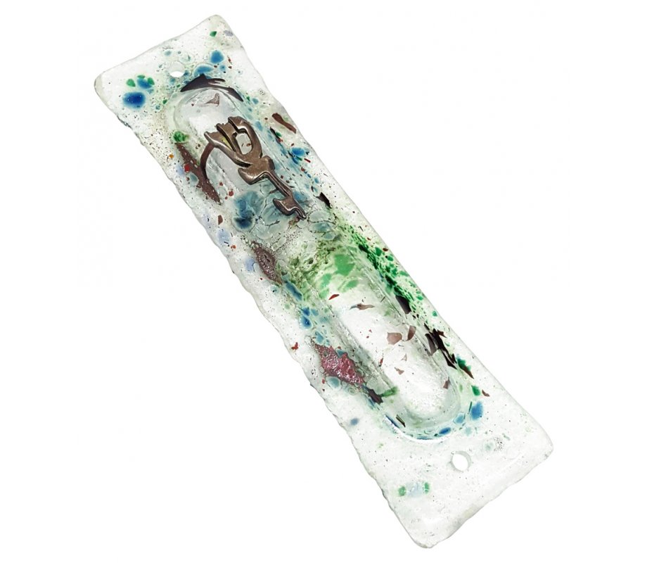 Glass Mezuzah Case with Divine Name in Silver Pewter - Colored Raindrops Design
