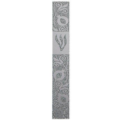 Glass Mezuzah Case with Elongated Shin - Silver Pomegranate Design