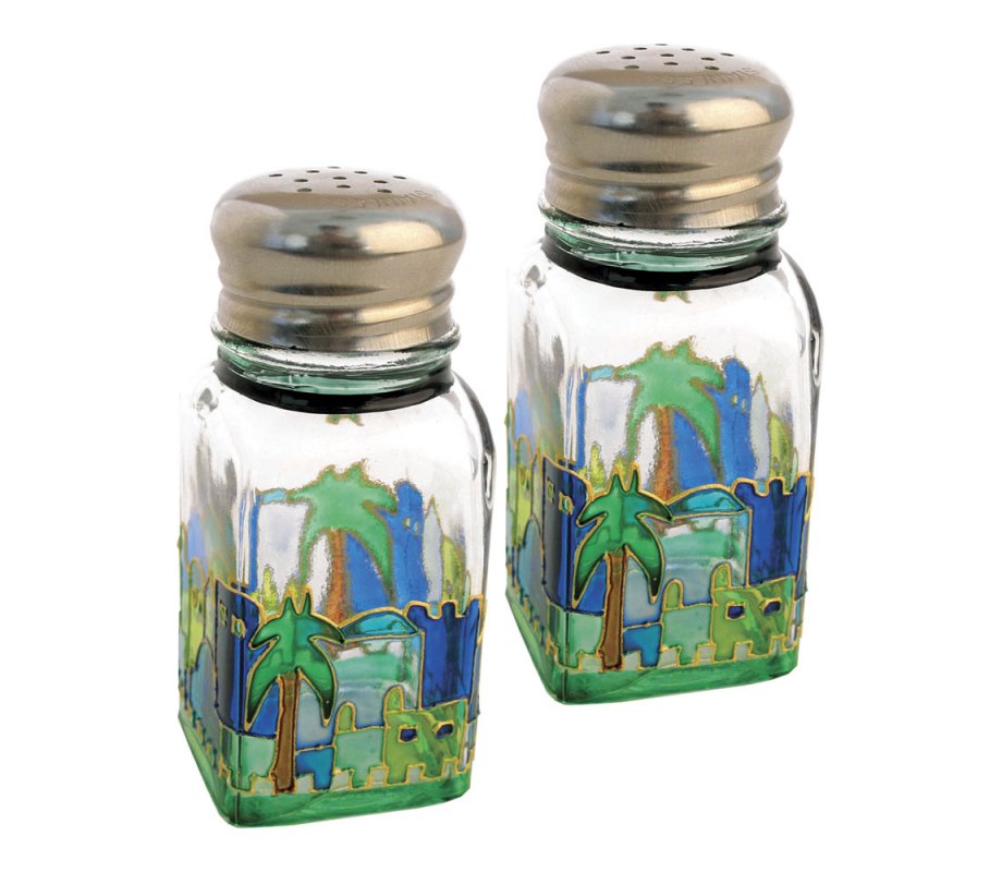 Glass Salt And Pepper Shakers With Jerusalem Design AJudaica