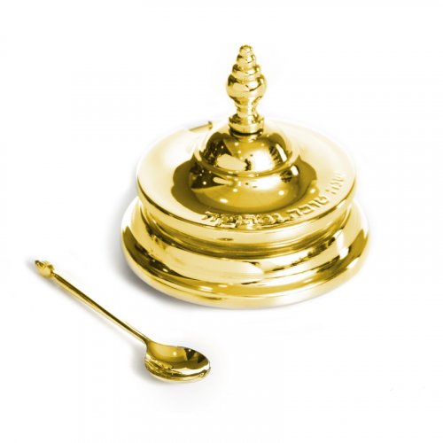 Glass and Gold Metal Honey Dish for Rosh Hashanah, Bell Lid and Spoon  Small
