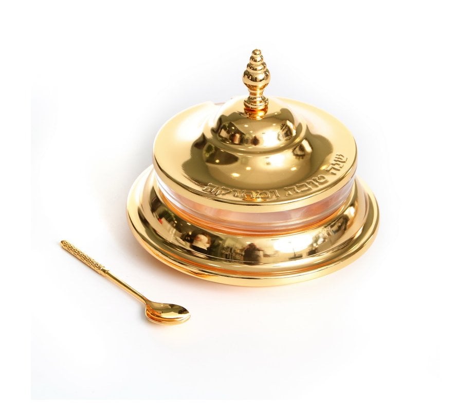 Glass and Gold Metal Honey Dish for Rosh Hashanah, Bell Lid and Spoon-Large