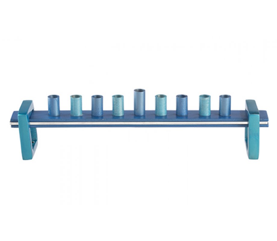 Gleaming Blue Menorah with Minimalist Design, For Candles