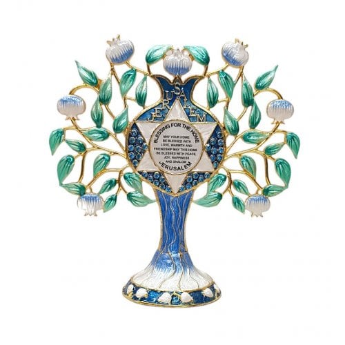 Gleaming Free Standing Enamel Pomegranate Tree, Green and Blue - Home Blessing