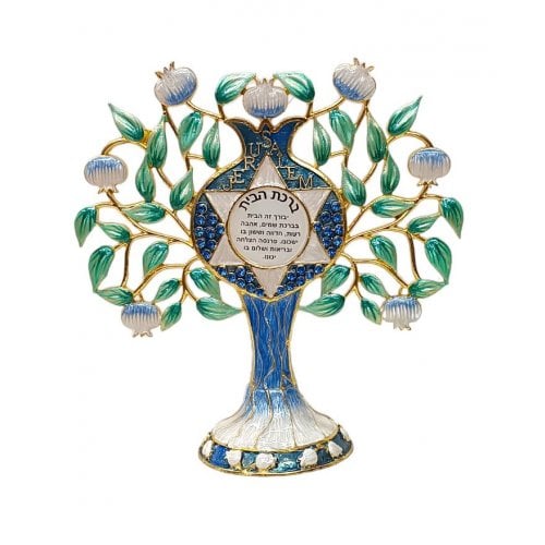 Gleaming Free Standing Enamel Pomegranate Tree, Green and Blue - Home Blessing