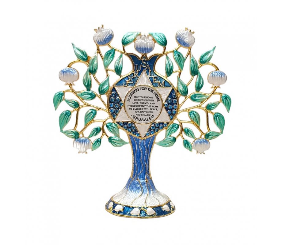 Gleaming Free Standing Enamel Pomegranate Tree, Green and Blue - Home Blessing