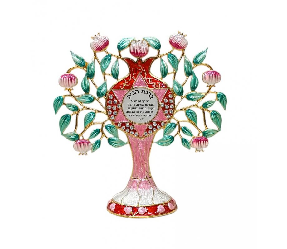 Gleaming Free Standing Enamel Pomegranate Tree, Green and Pink - Home Blessing