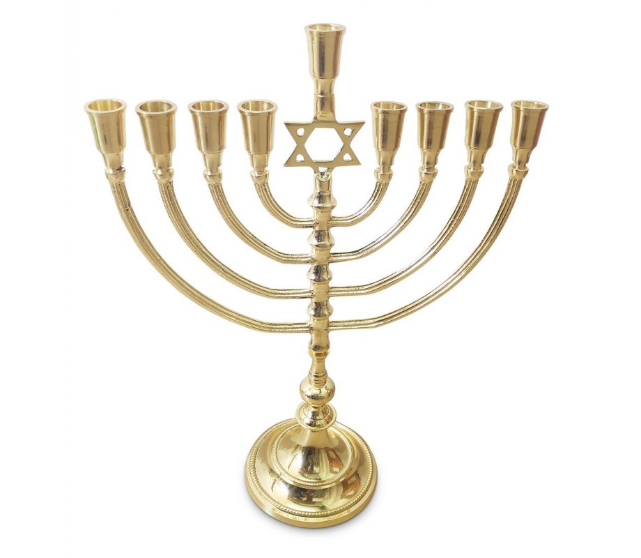 Gleaming Gold Chanukah Menorah with Star of David, Oil or Candles - 14 Inches