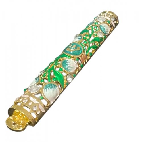 Gleaming Gold Enamel Mezuzah Case - Pomegranate and Leaf Design, Choice of Colors