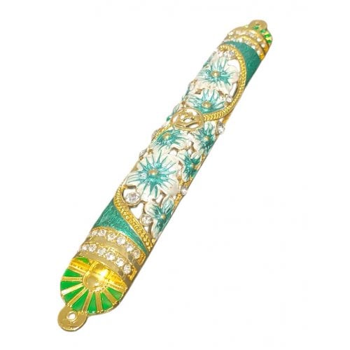 Gleaming Gold Enamel Mezuzah Case with Crystals, Floral Design - Choice of Colors