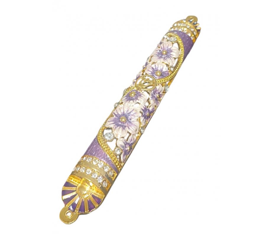 Gleaming Gold Enamel Mezuzah Case with Crystals, Floral Design - Choice of Colors