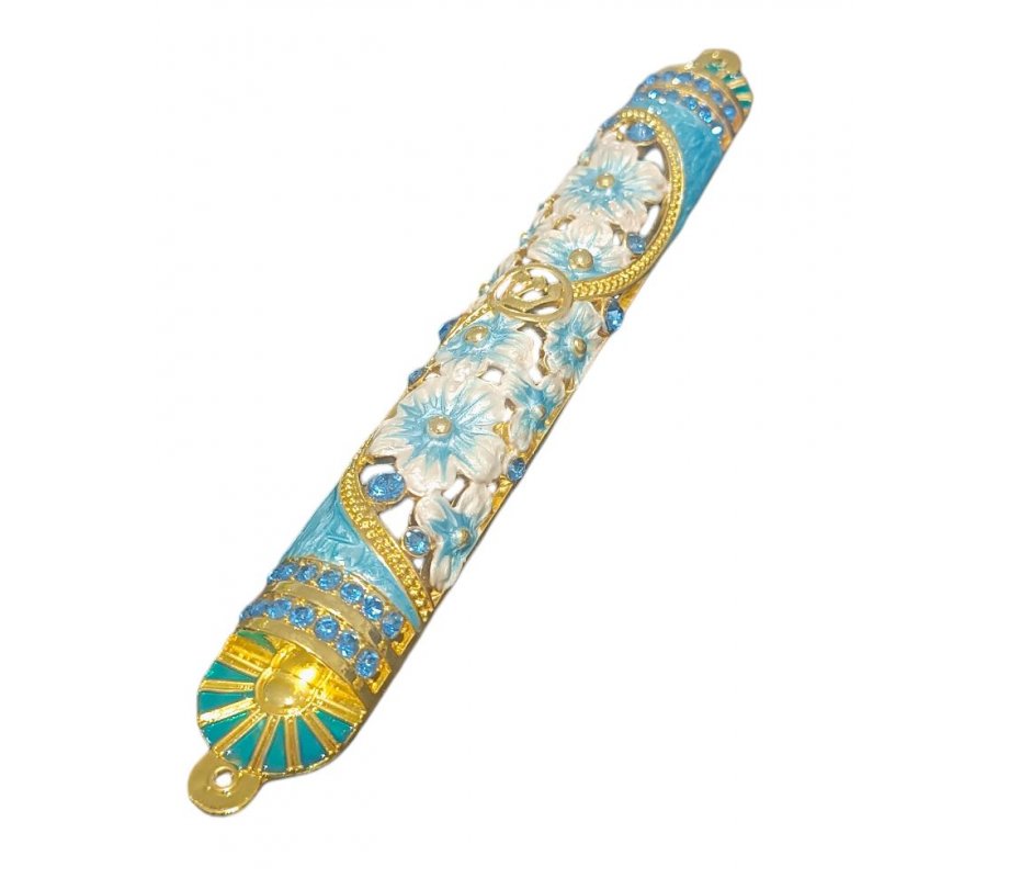 Gleaming Gold Enamel Mezuzah Case with Crystals, Floral Design - Choice of Colors