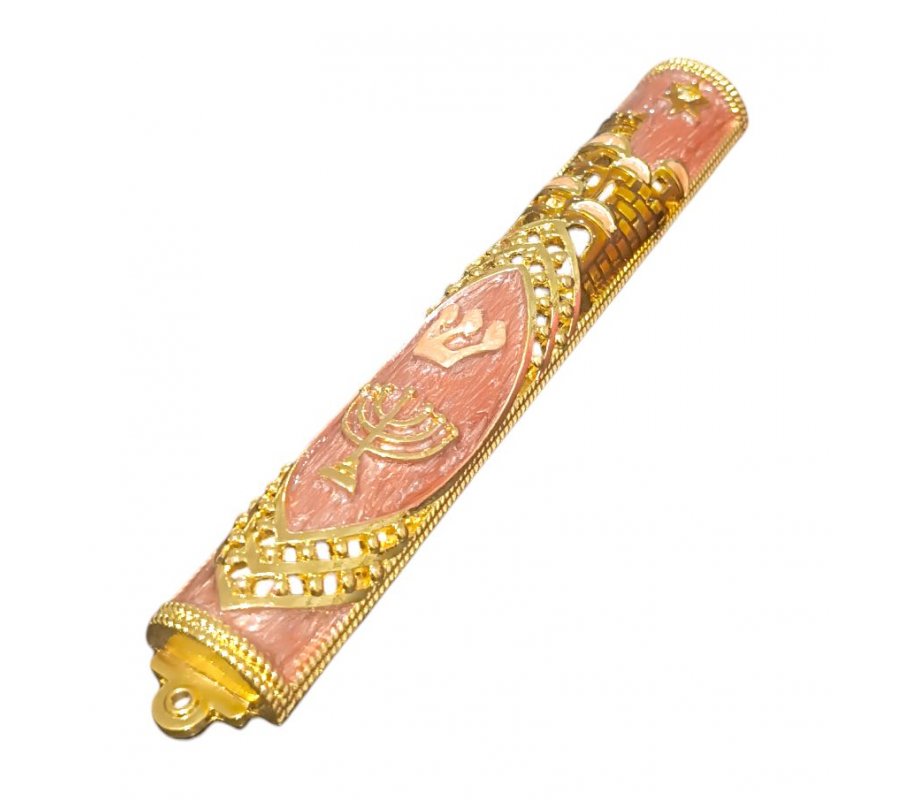 Gleaming Gold Mezuzah Case with Menorah, Jerusalem, Star of David - Color Choice