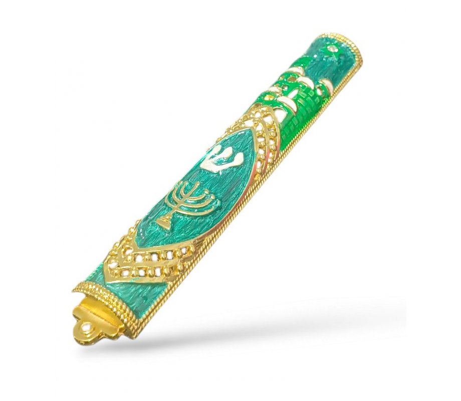 Gleaming Gold Mezuzah Case with Menorah, Jerusalem, Star of David - Color Choice