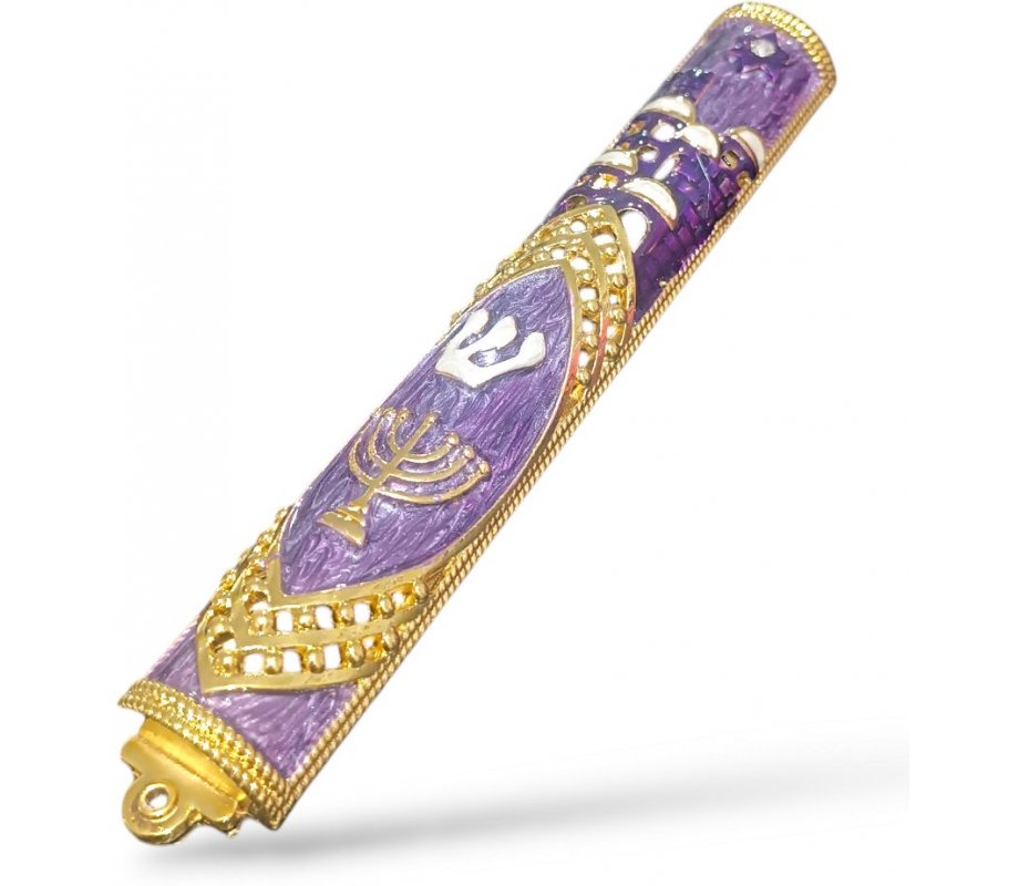 Gleaming Gold Mezuzah Case with Menorah, Jerusalem, Star of David - Color Choice