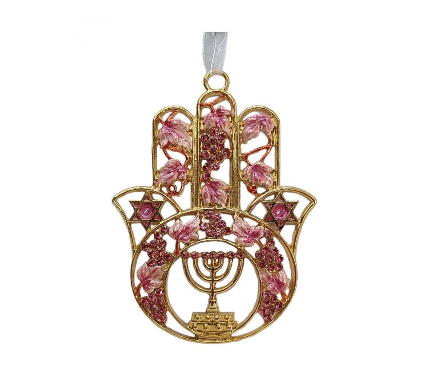 Gleaming Hamsa Wall Hanging, Menorah Star of David and Leaves  Choice of Colors