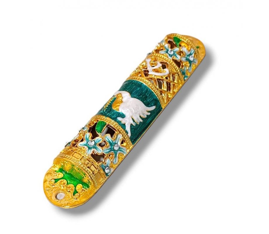 Gleaming Mezuzah Case, Dove of Peace - Gold and Green with Crystals