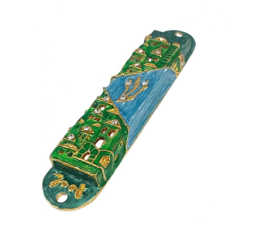 Gleaming Mezuzah Case, Jerusalem Images - Green, Gold and Blue with Crystals
