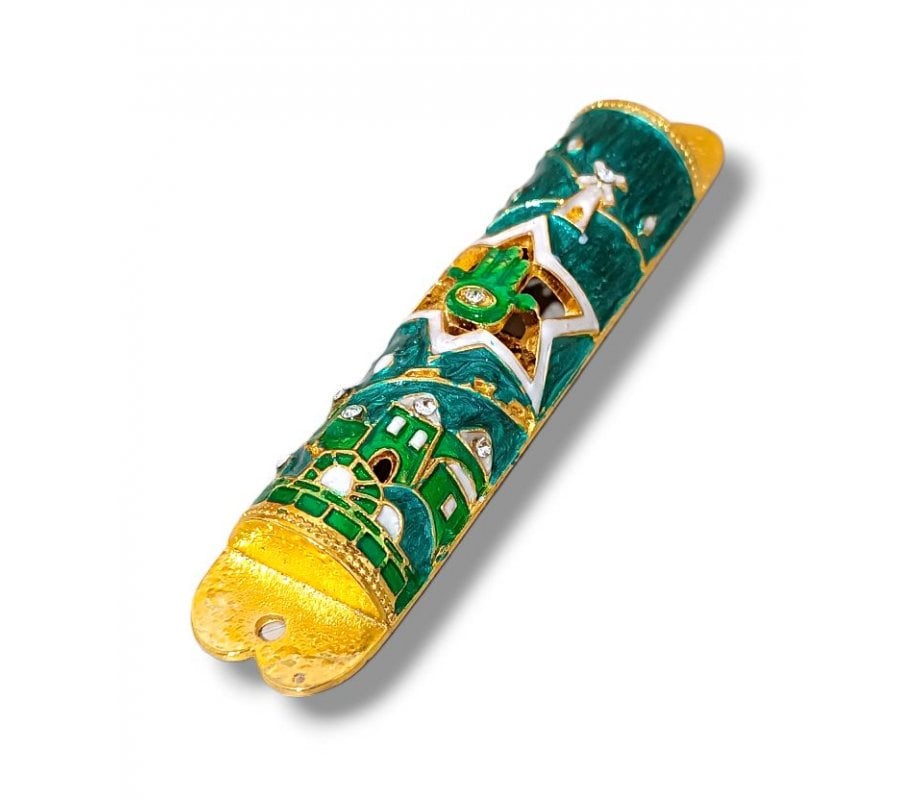 Gleaming Mezuzah Case, Jerusalem Star of David Hamsa - Green, Gold & Crystals