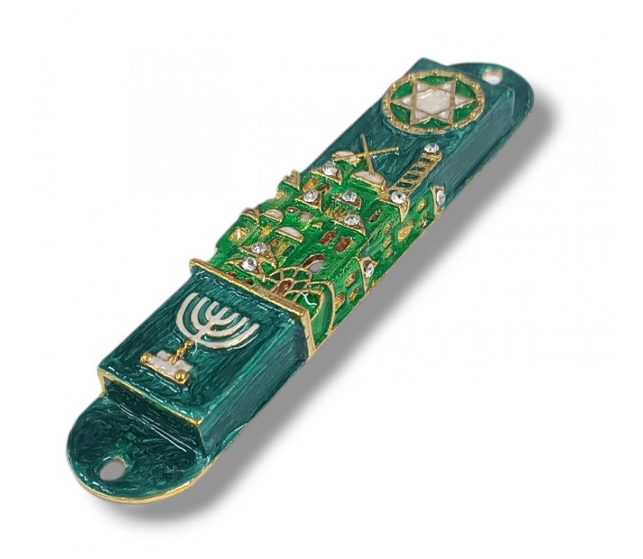 Gleaming Mezuzah Case, Jerusalem with Menorah and Star of David - Green and Gold