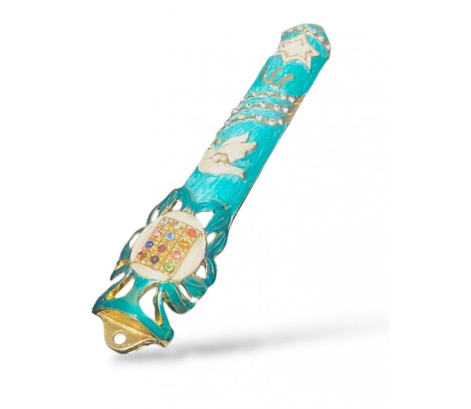 Gleaming Mezuzah Case with Dove, Breastplate and Star of David - Choice of Colors
