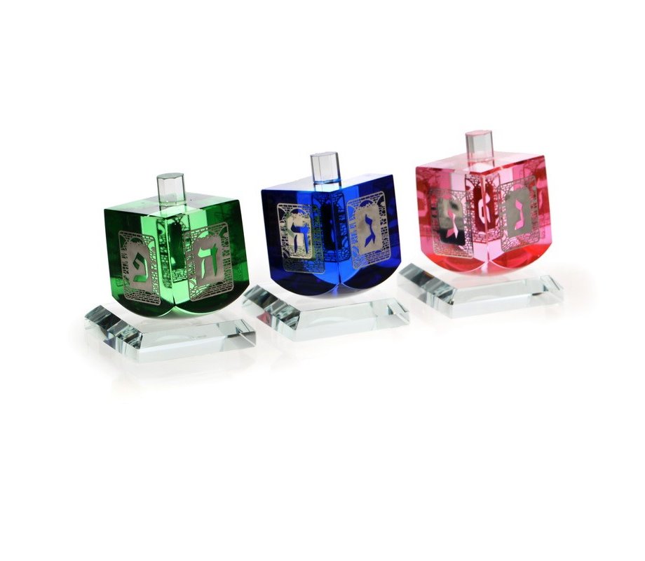Gleaming Three Colorful Crystal Magic NO-FALL Dreidel Set - with Dreidel Letters