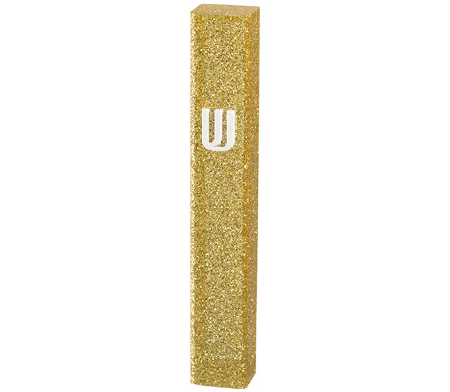 Glittering Gold Mezuzah Case of Perspex, Silver Shin - For Mezuzah Scroll 12 cm