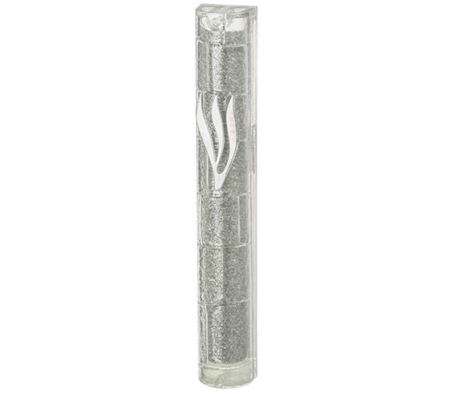 Glittering Metal Look Plastic Mezuzah Case with Western Wall Image – Silver Shin