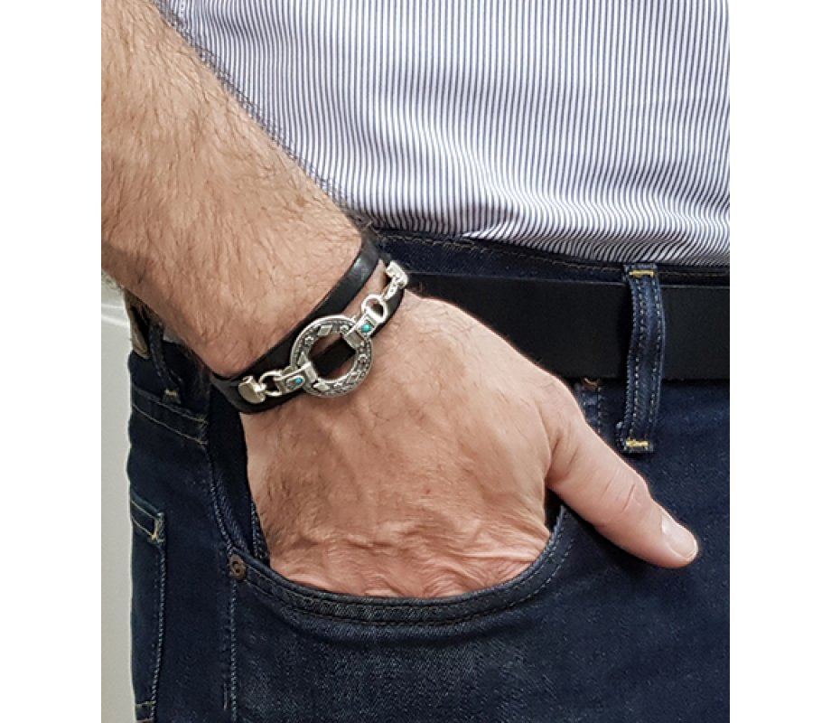 Golan Leather Triple-Wrap Men Bracelet Silver Hamsa & Hebrew Aaron Blessing