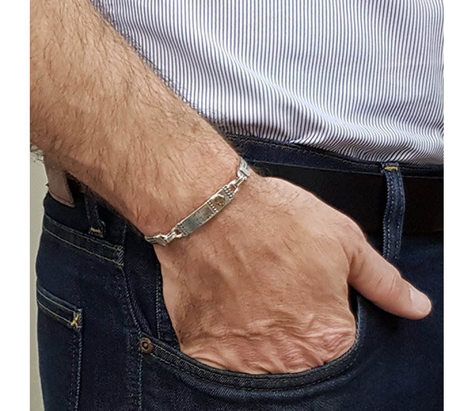 Golan Men Sterling Silver Bracelet with Gold Hamsa & Ben Porat Yosef in Hebrew