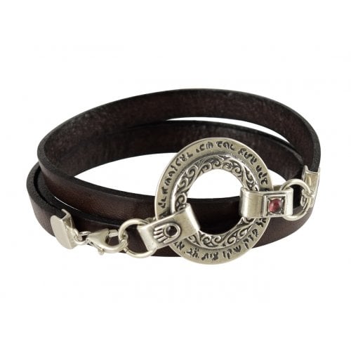 Golan Men Triple Wrap Leather Bracelet with Silver Ana Bekoach Aaron Blessing