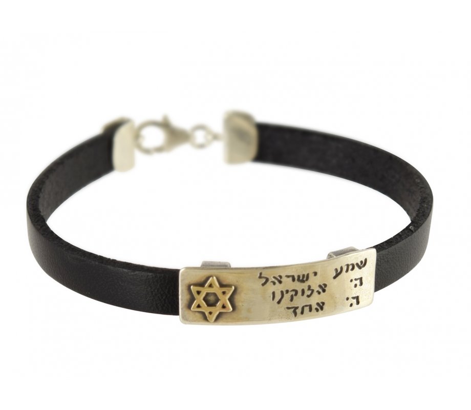 Golan Studio Men Leather Bracelet Silver Hebrew Shema Prayer & Gold Star of David