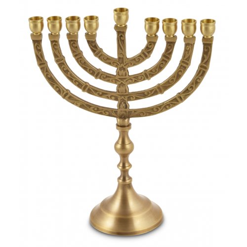 Gold Chanukah Menorah with Engraved Branches, for Candles - 10 Inches