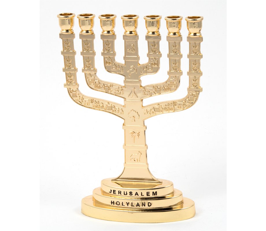 Gold Color 7-Branch Menorah with Breastplate and Twelve Tribes