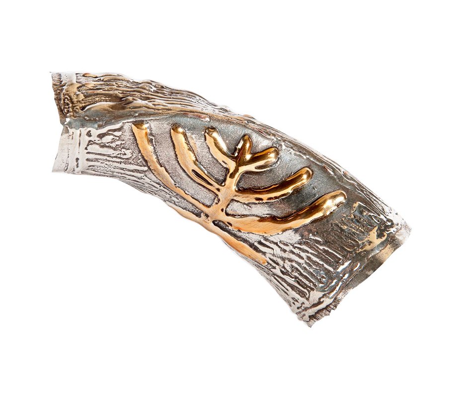 Gold Color Menorah on Sterling Silver Yemenite Shofar