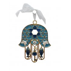 Gold Color Metal and Enamel Hamsa Wall Hanging - Fish and Key Design