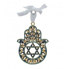 Gold Color Metal and Enamel Hamsa Wall Hanging - Star of David Design