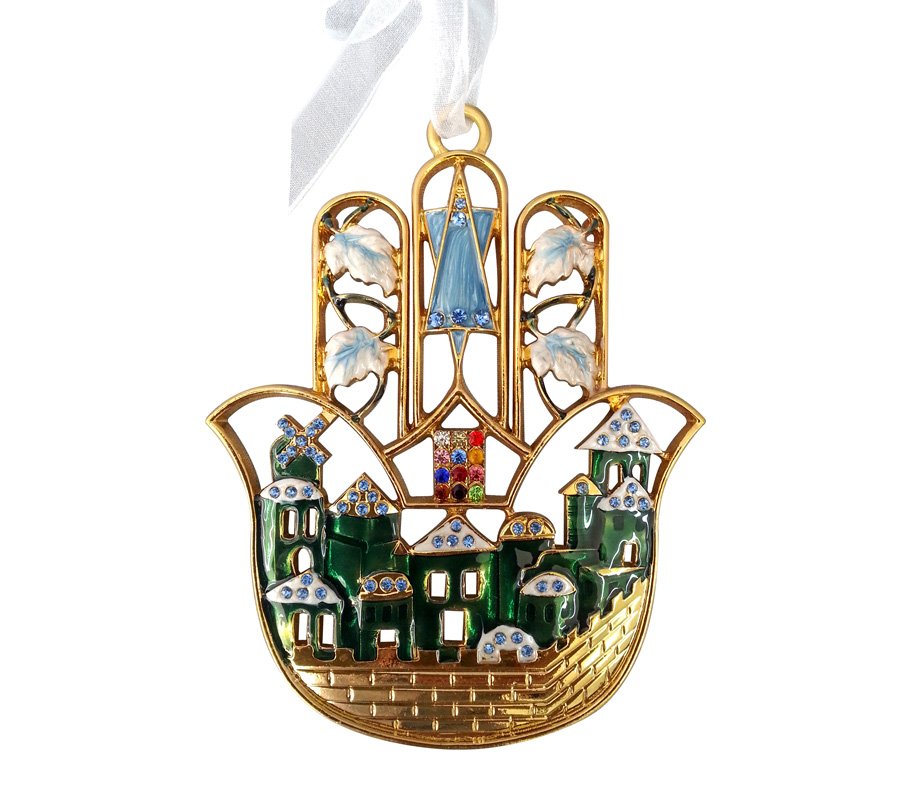 Gold Color Old City Jerusalem Enamel Judaica Hamsa
