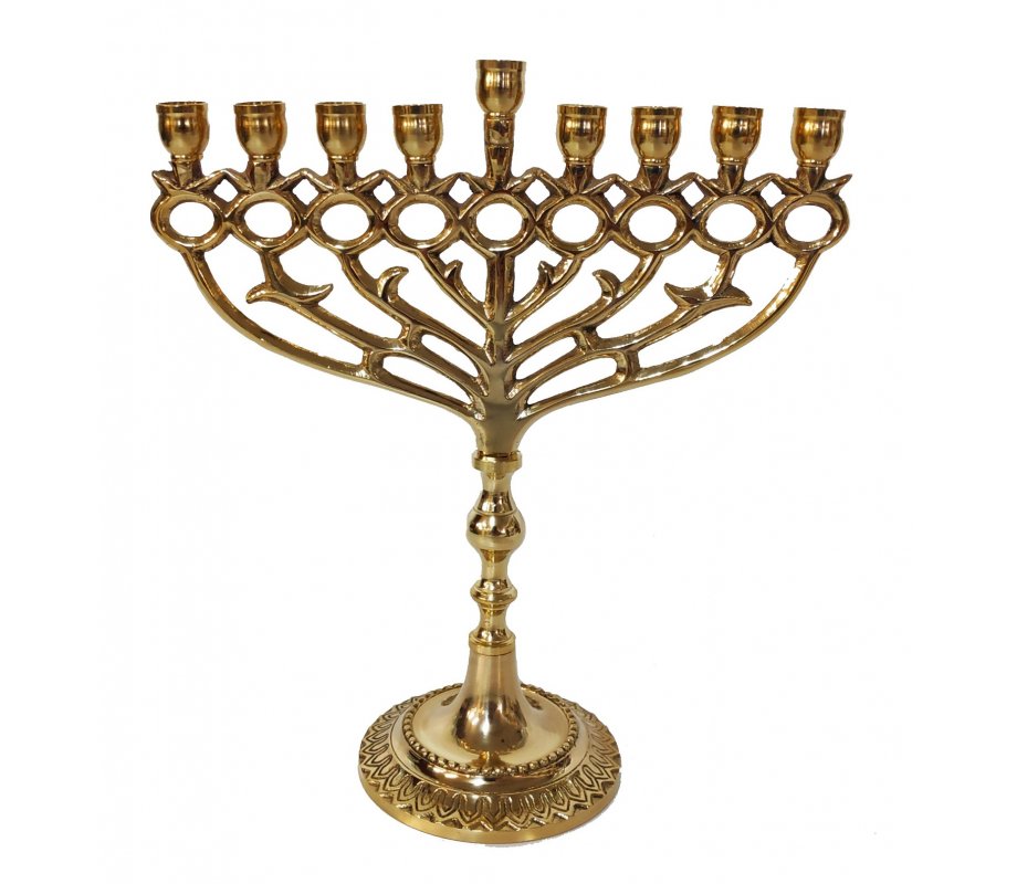 Gold Copper Chanukah Menorah Pomegranate Design, for Candles - 10 Inches