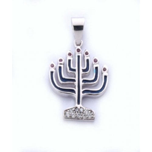 Gold Filled Menorah Pendant with Blue Enamel and Zircons