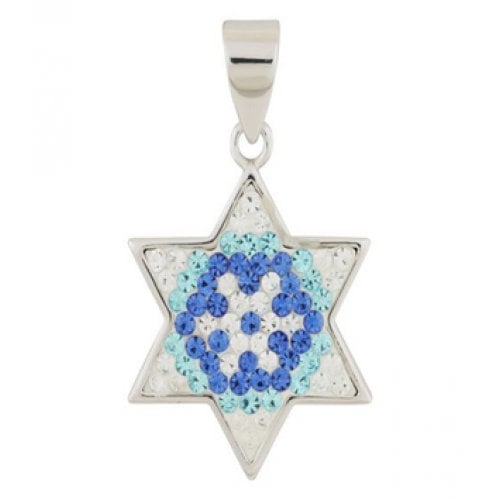 Gold Filled Star of David Pendant - Blue-White Crystals