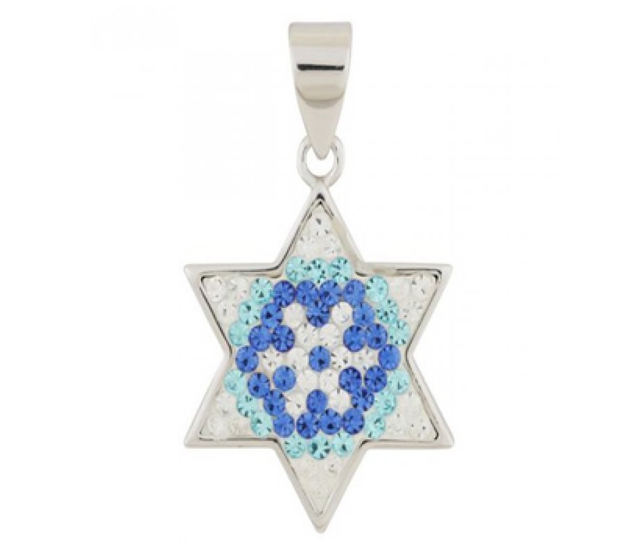 Gold Filled Star of David Pendant - Blue-White Crystals
