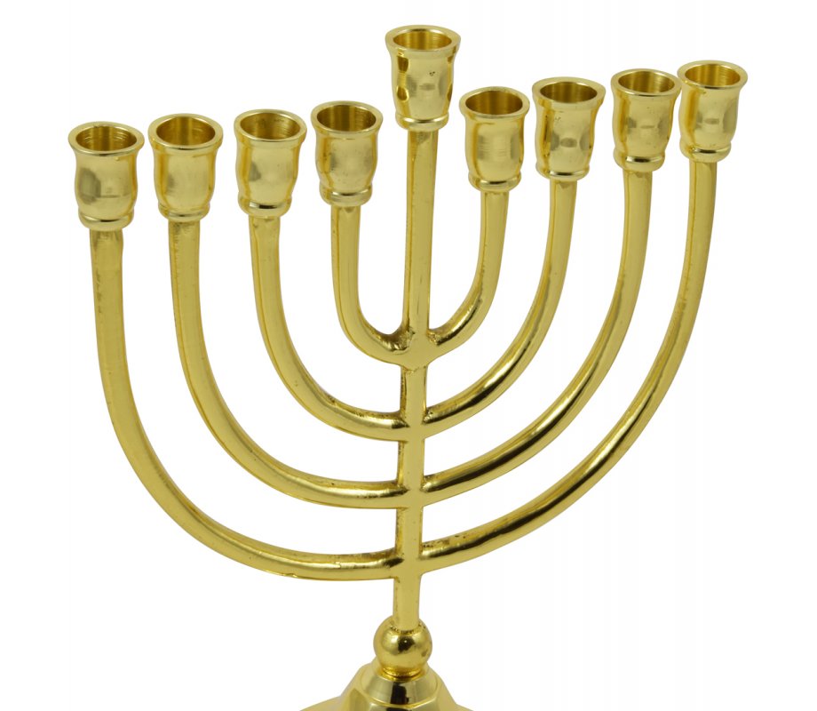 Gold Metal Chanukah Menorah Classic Design, for Candles - 10 Inches